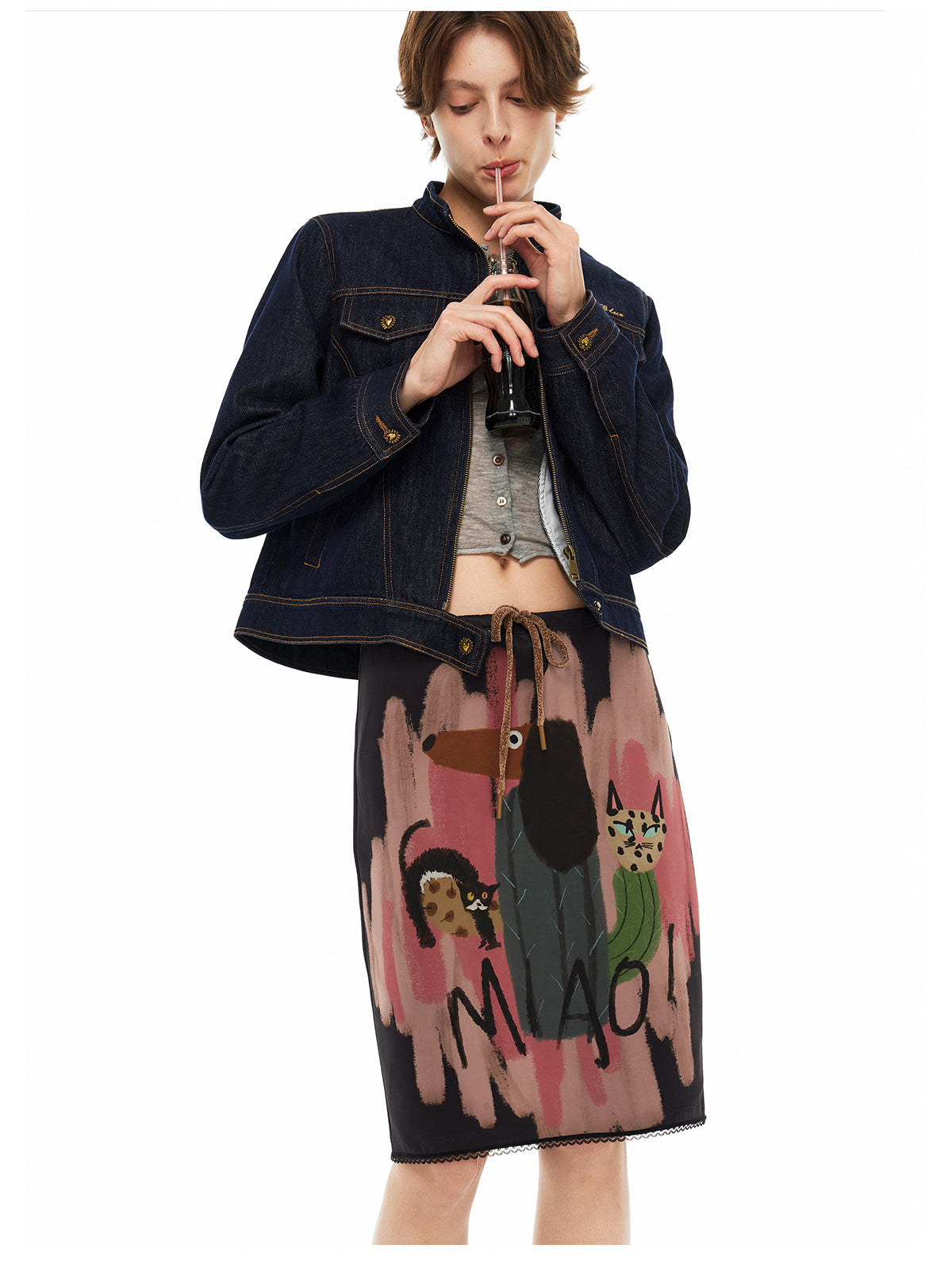 Cat Dog Cactus Lace-Trim Midi Skirt(NAL023SK)