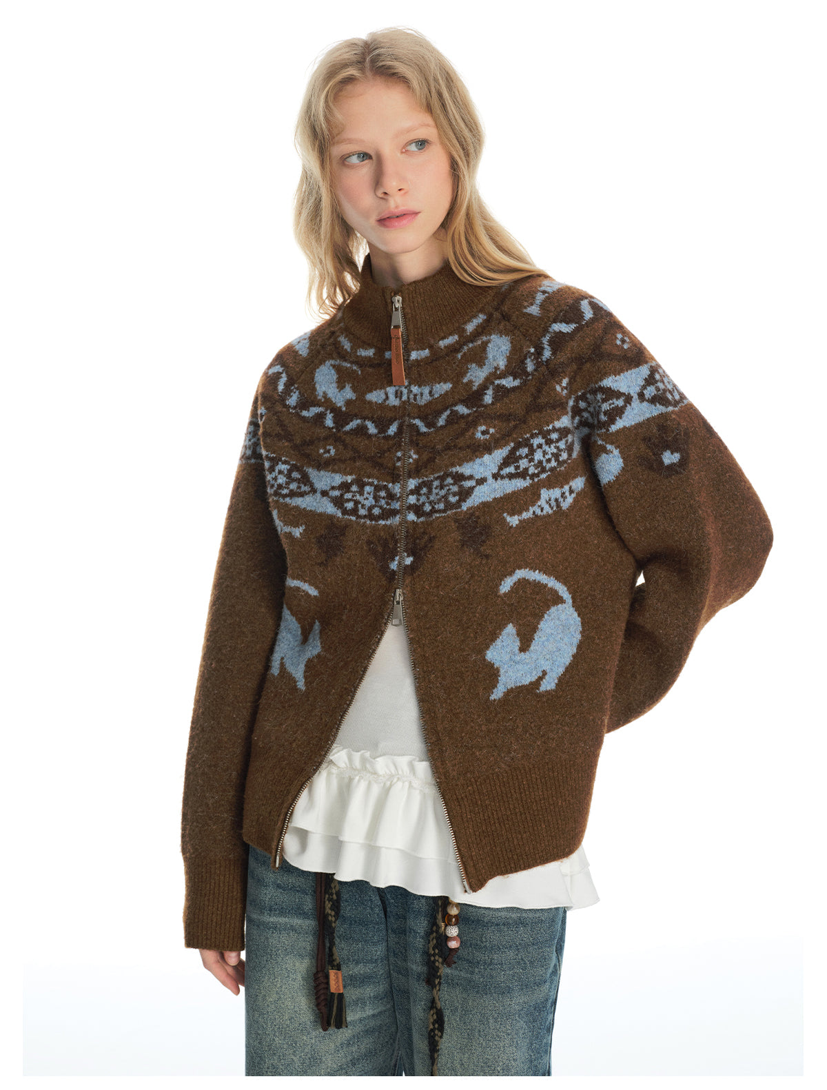 Cat Pattern Double-Zip Knit Cardigan(NAL005CD)